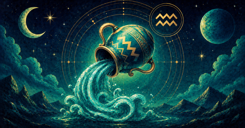 3 Zodiac Signs Aquarius Is Meant to Meet mystical illustration of Aquarius surrounded by cosmic waves and celestial symbols