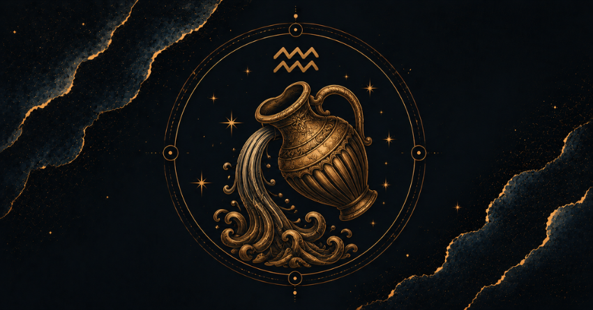If You're an Aquarius, The Universe May Have Led You Here featuring the Aquarius zodiac sign symbol on a mystical cosmic background.