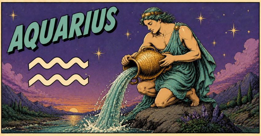 The Truth Aquarius Can't Ignore Any Longer fantasy Aquarius illustration with zodiac symbol under a purple night sky