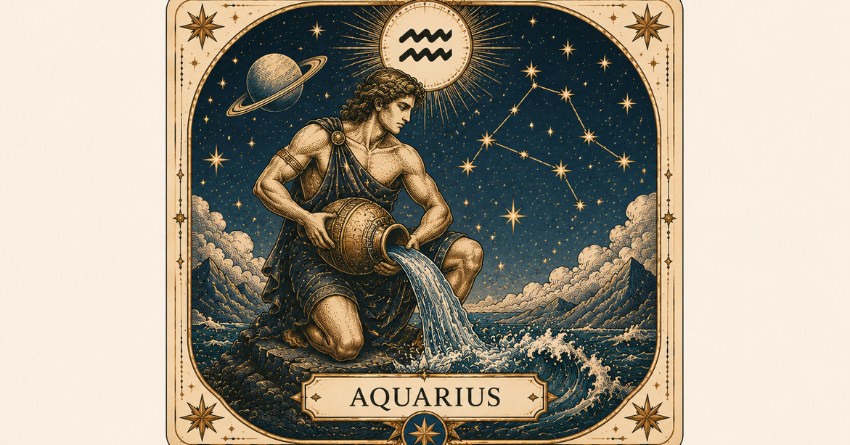Aquarius Is Creating Their Own Rules tarot-style Aquarius illustration with celestial background and zodiac symbolism