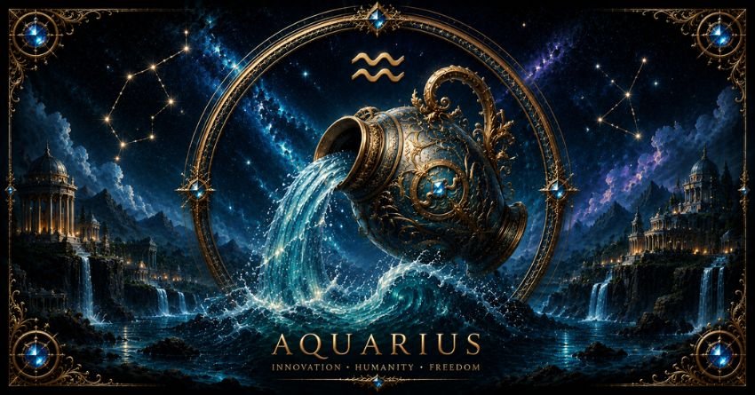 The Universe Is Pushing Aquarius Toward Change zodiac sign illustration with cosmic energy and Aquarius symbol