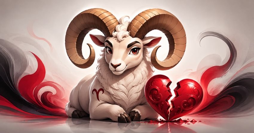 Aries ram beside a broken heart symbolizing the zodiac signs that break an Aries' heart