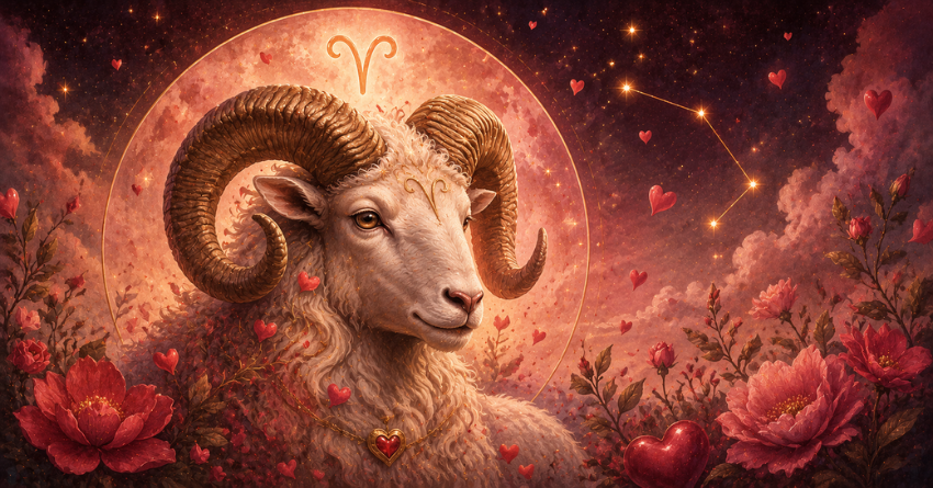 Aries zodiac sign illustration representing 3 Zodiac Signs Aries Could Fall in Love With This Summer, mystical ram surrounded by glowing summer celestial energy and romantic cosmic atmosphere
