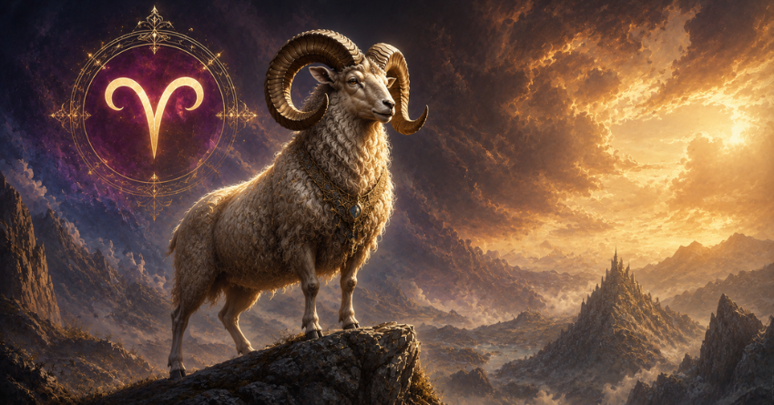 Aries Is Entering the Most Beautiful Chapter of the Year zodiac illustration with a majestic Aries ram and celestial fantasy background
