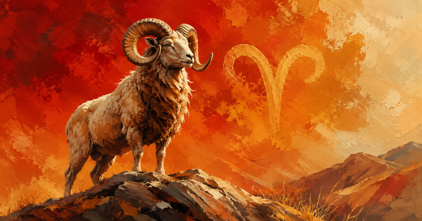 What Happens Next for Aries acrylic painting illustration of a powerful Aries ram standing on a rocky hill with warm orange and gold cosmic background