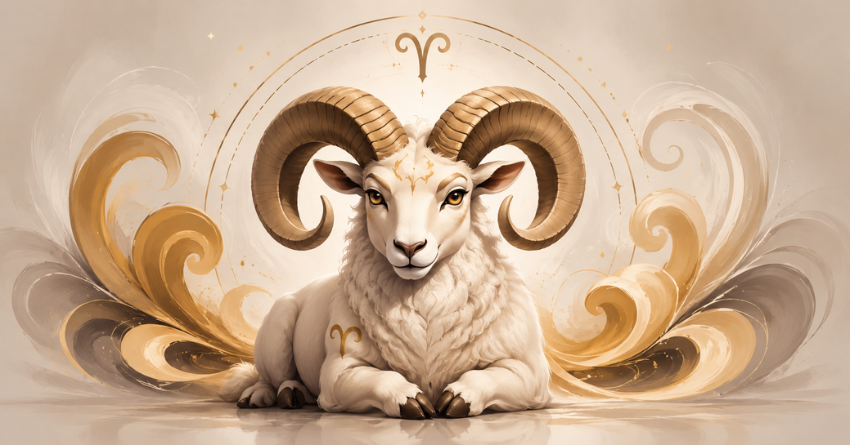 The Emotional Lesson Aries Can No Longer Ignore zodiac illustration featuring a powerful Aries ram with golden swirling horns, soft celestial details, and a warm beige background symbolizing emotional growth and self-discovery.