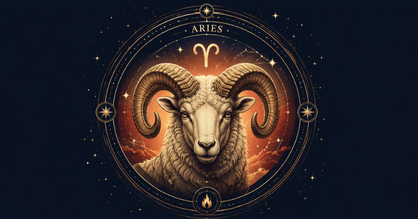 Aries Is Closer to Their Destiny Than They Realize illustration featuring a glowing Aries ram surrounded by celestial light, cosmic symbols, and mystical tarot-inspired energy.