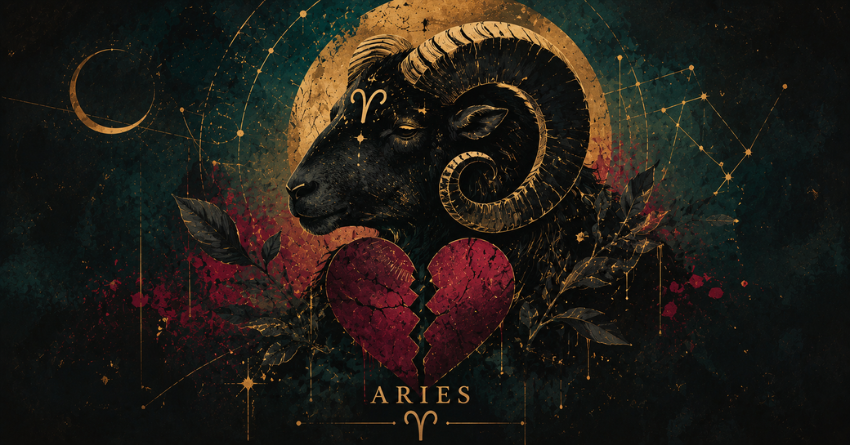 3 Zodiac Signs Most Likely to Break Aries's Heart mystical illustration featuring the Aries zodiac symbol and a broken heart surrounded by glowing cosmic elements.