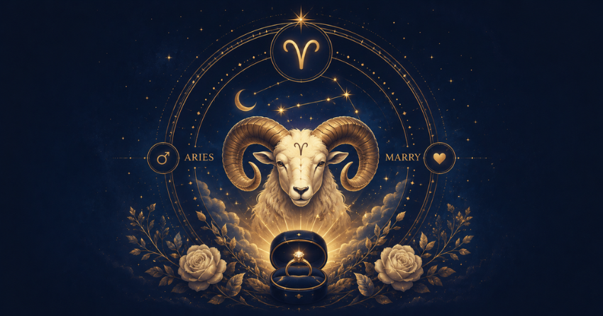 3 Zodiac Signs Most Likely to Marry Aries header image featuring a mystical Aries illustration with a celestial astrology theme.