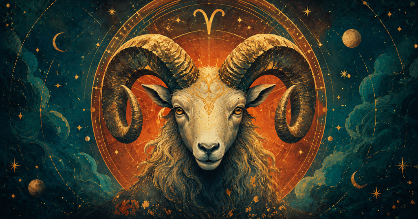 3 Zodiac Signs Aries Is Meant to Meet mystical Aries ram artwork with glowing golden horns and cosmic background