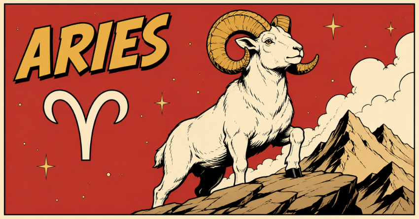 The Truth Aries Needs to Hear Right Now – fantasy illustration of Aries zodiac ram standing on rocky mountains under a red celestial sky, mystical astrology artwork