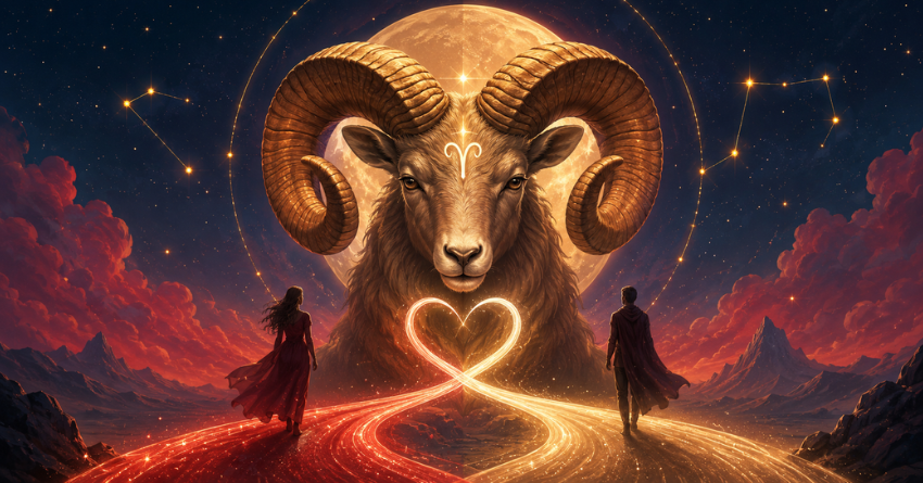 Aries soulmate tarot-style illustration featuring a glowing ram beneath a mystical night sky. A heart-shaped light connects two destined paths, symbolizing soulmate energy, deep love, and spiritual connection. Warm red, gold, and blue tones create a magical and romantic atmosphere.