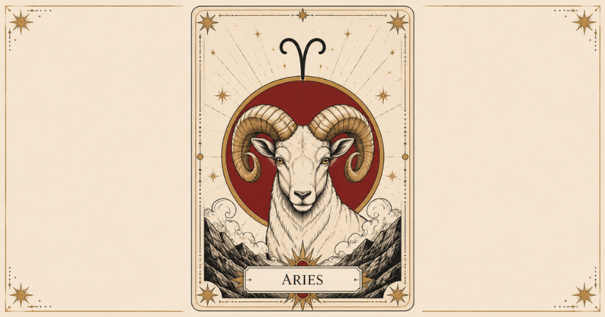 Aries Is Entering Their Main Character Era zodiac illustration featuring the Aries ram symbol in elegant tarot-inspired artwork with warm red and gold tones on a simple mystical background.