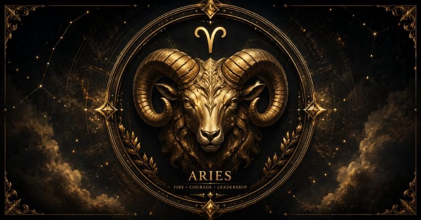 The Universe Is Challenging Aries for a Reason featuring the Aries zodiac sign in a celestial golden astrology design