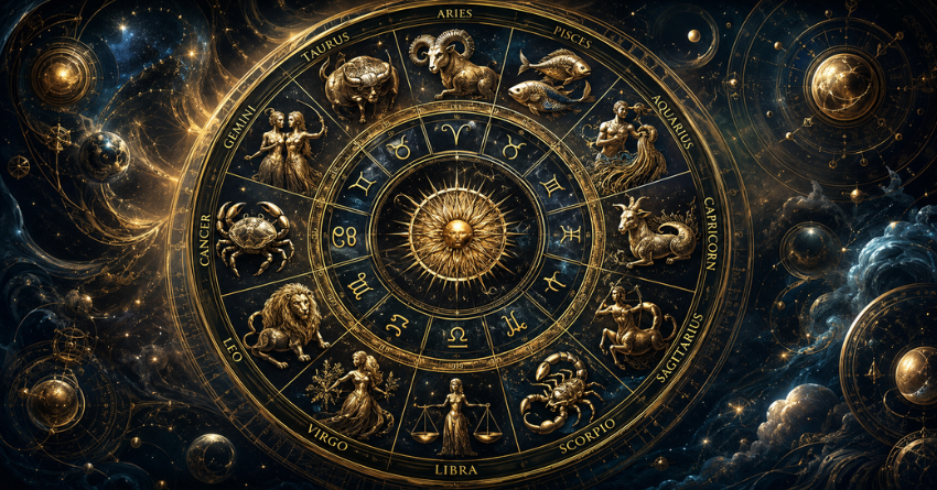 4 zodiac signs entering their best phase this month with a detailed zodiac wheel glowing against a cosmic galaxy background
