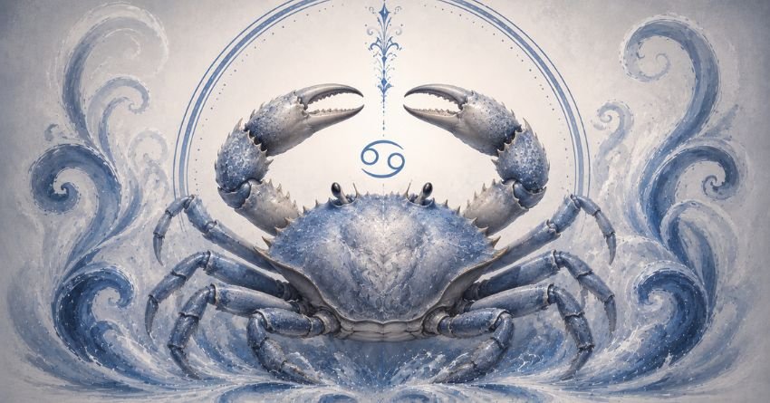 Cancer zodiac sign represented by a mystical crab under moonlight, symbolizing destiny, intuition, and emotional guidance.