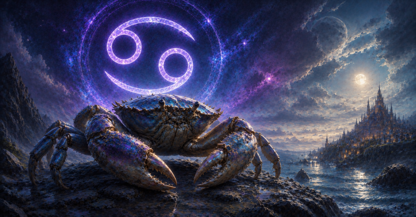 Cancer zodiac sign fantasy illustration, Cancer entering the most beautiful time of the year, celestial fantasy artwork with glowing Cancer symbol above mystical ocean waves, cosmic sky, magical blue and purple colors, spiritual atmosphere
