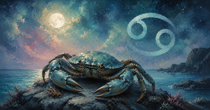What's About to Change for Cancer zodiac sign illustration with mystical crab under a glowing moon and cosmic sky