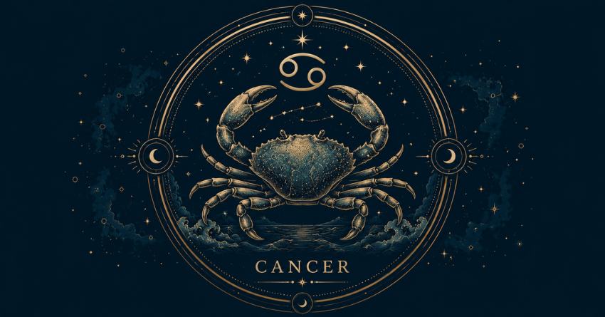The 3 Zodiac Signs Most Likely to Make Cancer Happy zodiac illustration featuring the Cancer zodiac symbol in an elegant celestial design