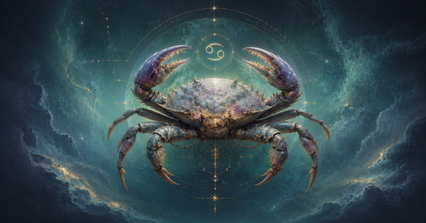Why Cancer Is Closer to Happiness Than They Think - mystical crab surrounded by glowing cosmic light and calming ocean energy