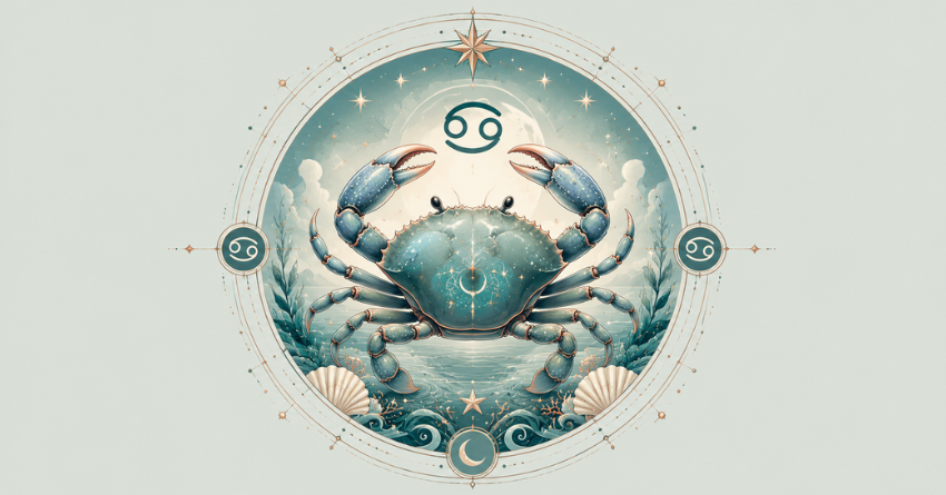 Cancer May Be Closer to Their Purpose Than Ever zodiac sign illustration featuring a mystical Cancer crab surrounded by celestial symbols and soft cosmic energy
