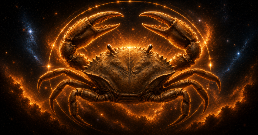 Cancer zodiac sign symbol with glowing golden financial energy and horoscope wealth prediction