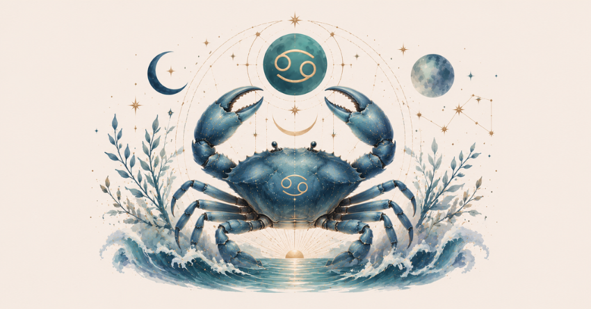 3 Zodiac Signs Cancer Is Most Likely to Marry astrology illustration featuring the Cancer zodiac sign with a mystical celestial background.