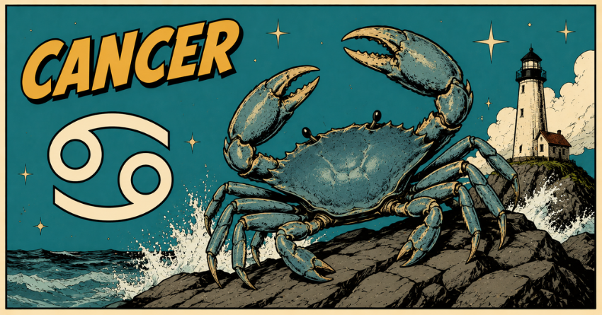 The Truth That Could Bring Cancer Peace – fantasy illustration of the Cancer zodiac sign featuring a blue crab beneath a starry night sky with celestial symbols and mystical ocean-inspired artwork.