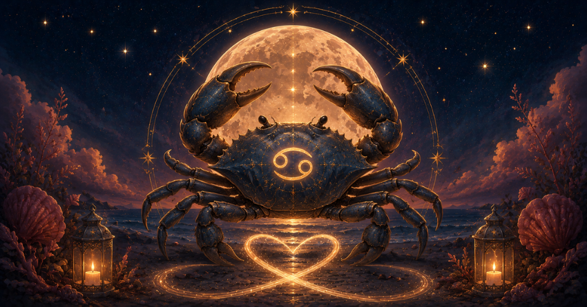 How Cancer Will Recognize Their Soulmate astrology illustration with glowing zodiac symbols and mystical Cancer season artwork