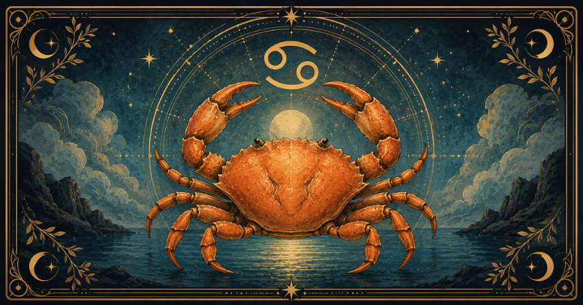 Something Big Is About to Happen to Cancer tarot card illustration featuring a mystical crab with celestial symbols