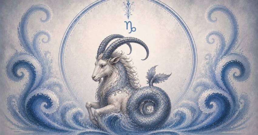 Illustration of the Capricorn zodiac symbol represented by a mystical sea-goat surrounded by swirling blue celestial patterns and cosmic energy.