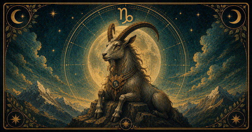 Something Big Is About to Happen to Capricorn tarot illustration with mystical Capricorn zodiac symbol