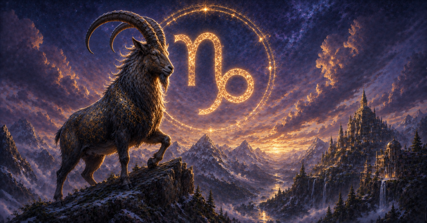 Capricorn Is Entering a Season of Rewards fantasy Capricorn goat standing on a mountain at sunset with glowing Capricorn zodiac symbol in the sky