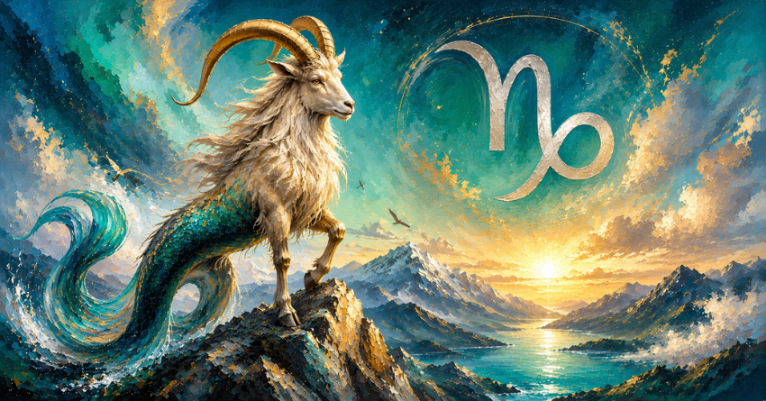 The Next Chapter for Capricorn acrylic painting style Capricorn zodiac sea-goat standing on a mountain peak with glowing sky and Capricorn symbol