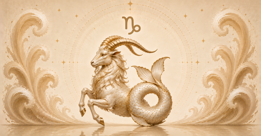 Why Capricorn Is Ready to Let Go – elegant Capricorn zodiac illustration in warm beige and gold tones with decorative celestial details symbolizing emotional healing, release, and personal growth
