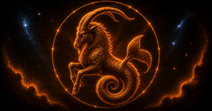 Capricorn zodiac sign symbol glowing in orange light against a dark cosmic background