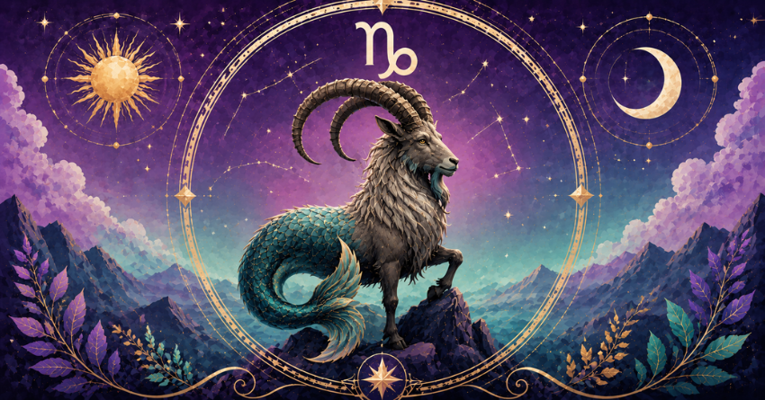 Capricorn mystical zodiac illustration with a mountain goat under a glowing night sky, symbolizing strength, ambition, and destiny.