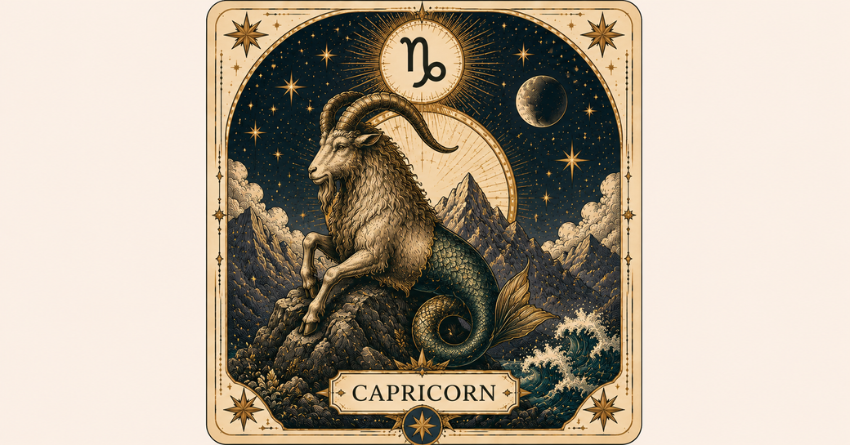 Capricorn Is Building Something Remarkable zodiac sign illustration featuring a majestic sea goat surrounded by celestial symbols and a cosmic background