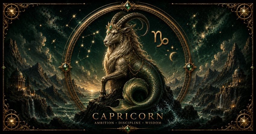 Why the Universe Is Testing Capricorn's Resolve zodiac sign illustration with Capricorn symbol and cosmic background
