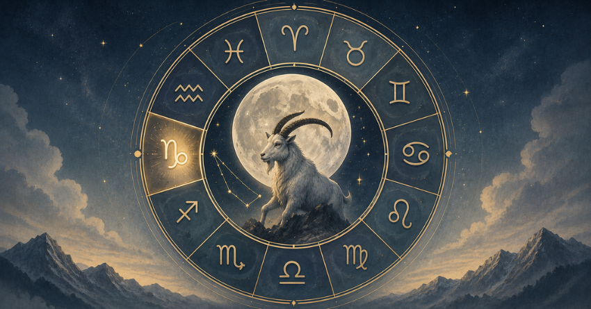 What the Capricorn Full Moon Will Reveal for Every Zodiac Sign zodiac wheel illustration with Capricorn Full Moon theme, celestial astrology artwork, mystical moon and zodiac symbols on a cosmic background