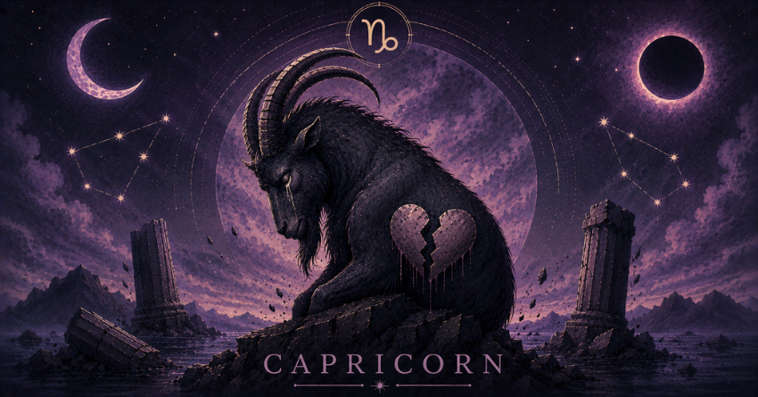 3 Zodiac Signs Most Likely to Break Capricorn's Heart, mystical Capricorn illustration with a broken heart under a dark cosmic sky