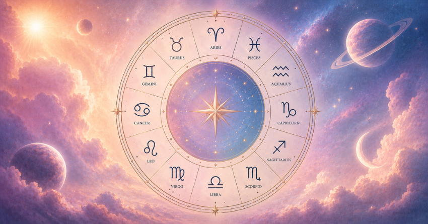 The Biggest Challenge Each Zodiac Sign Will Face Before July 2026 horoscope illustration featuring a glowing zodiac wheel surrounded by soft cosmic clouds and celestial light.