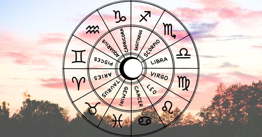 Zodiac wheel with all 12 astrology signs over a pink sunset sky, illustrating the daily horoscope for June 5, 2026