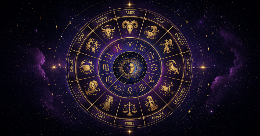 Daily Horoscope for June 10, 2026 zodiac wheel with all 12 zodiac signs on a cosmic purple background