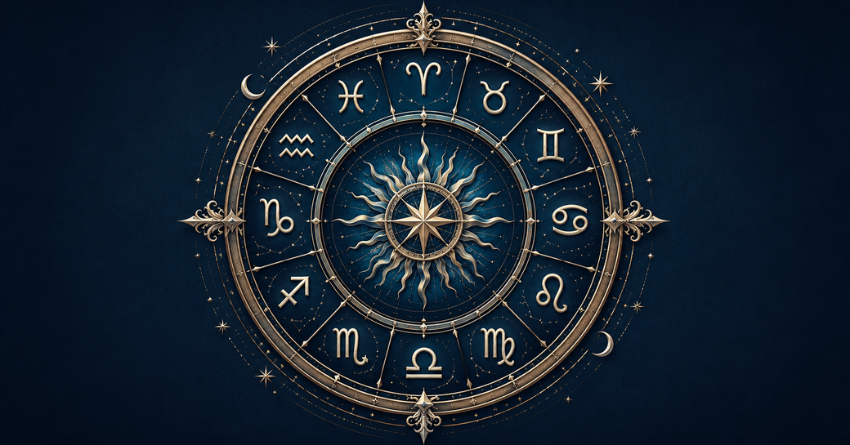 Daily Horoscope for June 18, 2026 zodiac wheel in celestial fantasy style with glowing zodiac symbols on a dark cosmic blue background