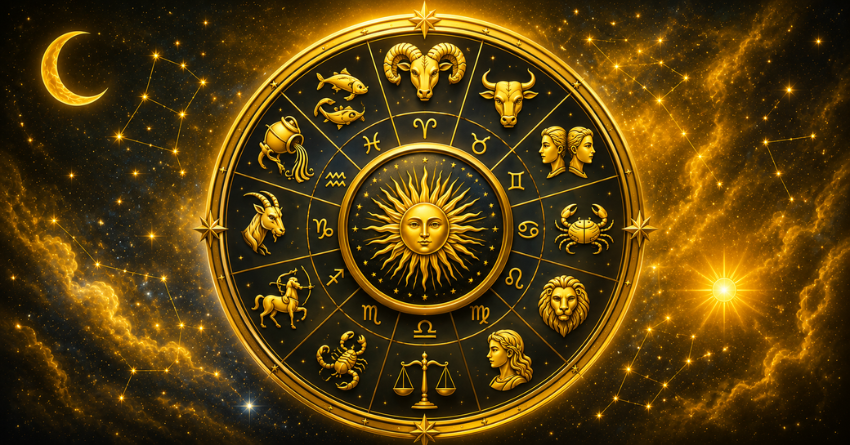 Destiny number horoscope illustration with a glowing zodiac wheel and astrological symbols on a golden cosmic background