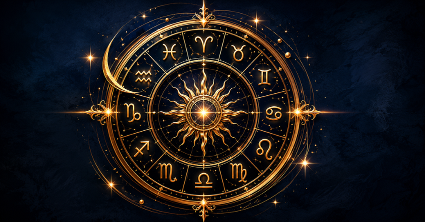 What the Universe Wants Every Zodiac Sign to Know Right Now celestial fantasy zodiac wheel with glowing astrological symbols against a dark cosmic background