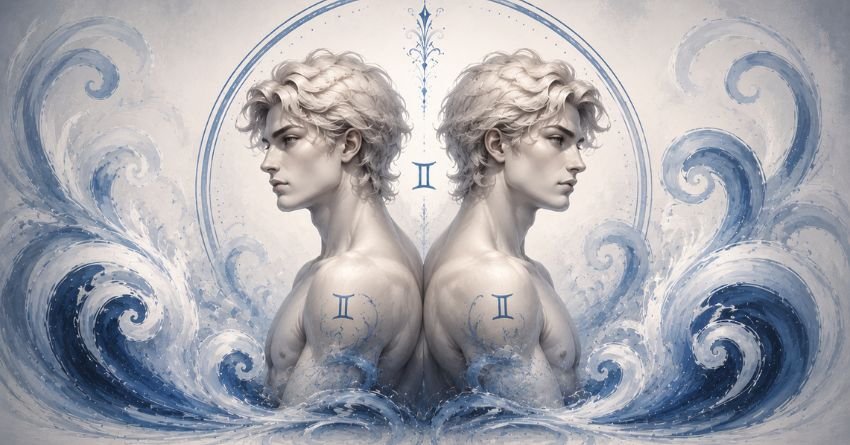 Gemini zodiac twins surrounded by mystical blue celestial energy symbolizing destiny, intuition, and spiritual guidance.