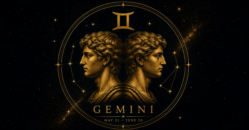 Is Gemini Ready for What Love Has Planned zodiac sign artwork featuring Gemini twins in a golden cosmic design