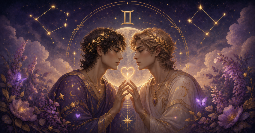 3 Zodiac Signs Gemini May Fall in Love With This Summer, romantic Gemini zodiac illustration with twin figures surrounded by glowing stars and magical summer energy